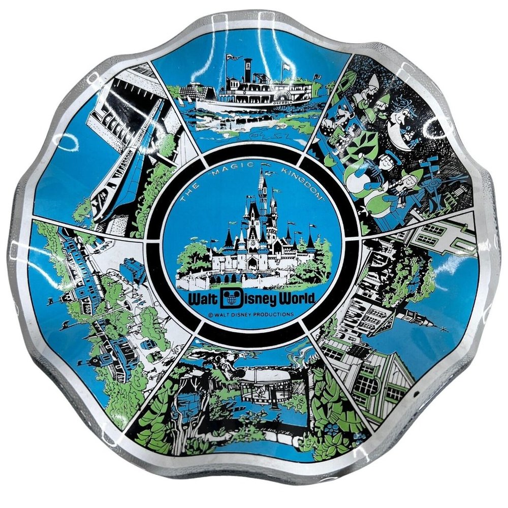 1970s Walt Disney World Magic Kingdom Glass Bowl Blue Candy Dish Memorabilia